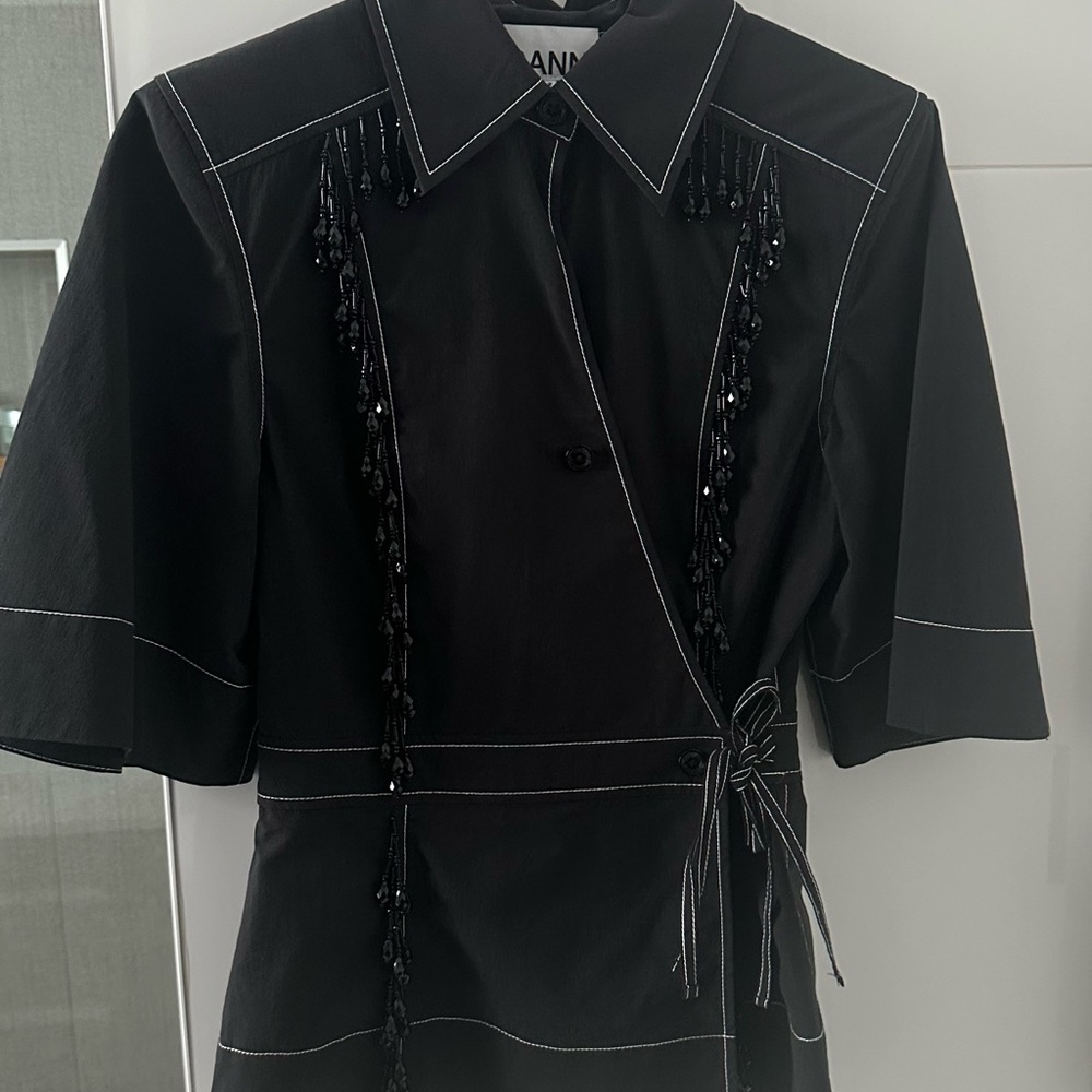 Ganni Black Beaded Contrast-Stitch Wrap Blouse